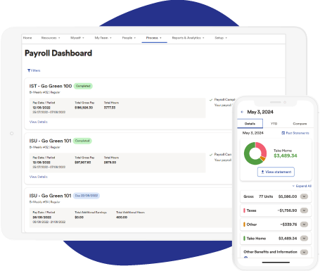 ADP Workforce Now payroll dashboard on desktop and mobile