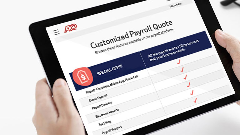 A tablet displaying ADP Canada's Payroll features included in the special offer.